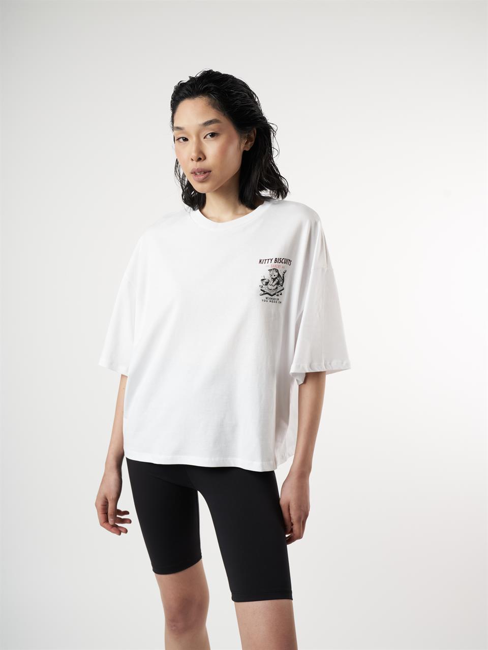 Kedi Baskılı Kısa Kol T-shirt Beyaz