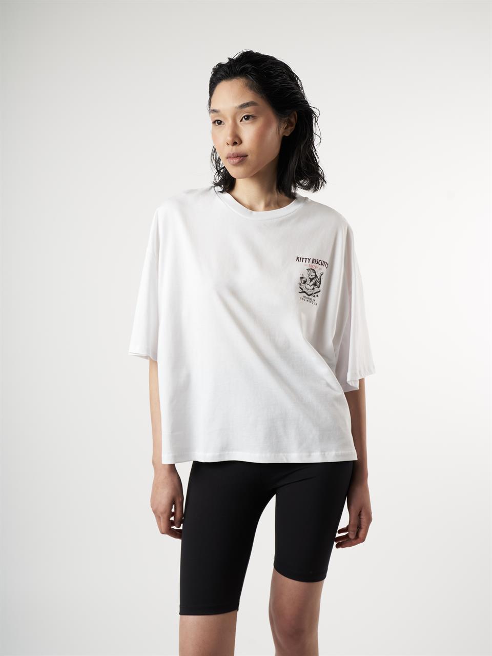 Kedi Baskılı Kısa Kol T-shirt Beyaz