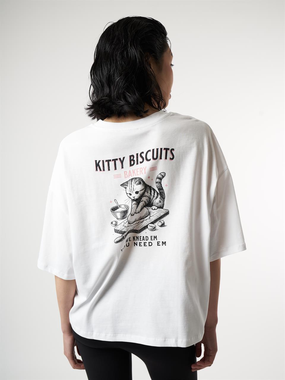 Kedi Baskılı Kısa Kol T-shirt Beyaz