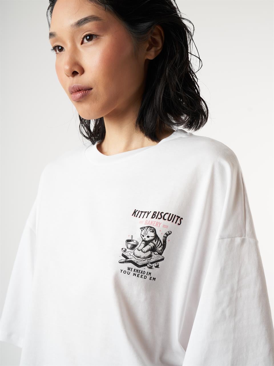 Kedi Baskılı Kısa Kol T-shirt Beyaz