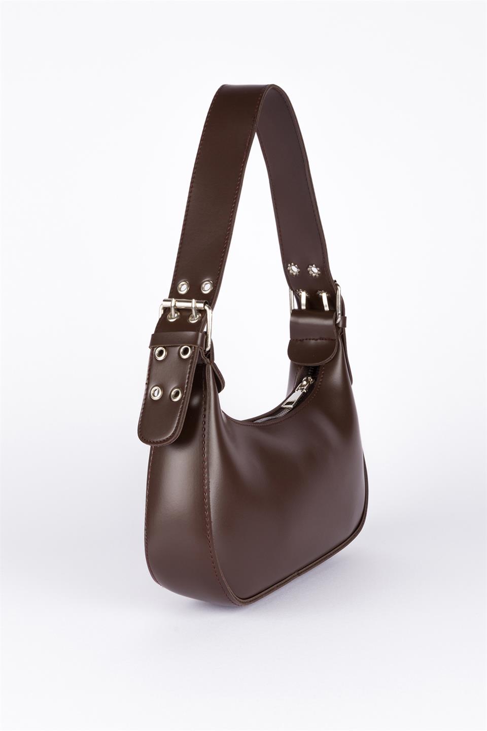 Kemer Detaylı Oval Baget Çanta Acı Kahve