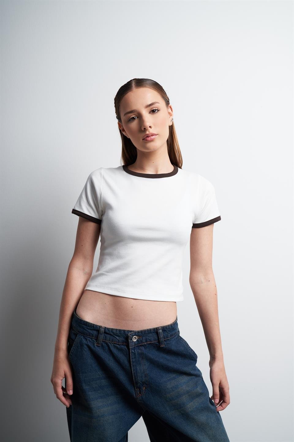 Kısa Kol Ribana Basic Bluz Ekru