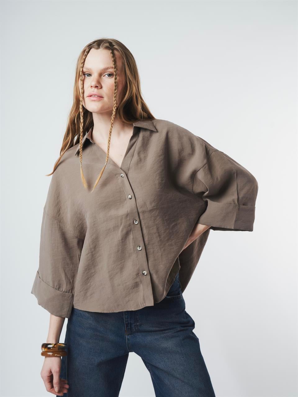 Kol Katlamalı Modal Gömlek Vizon