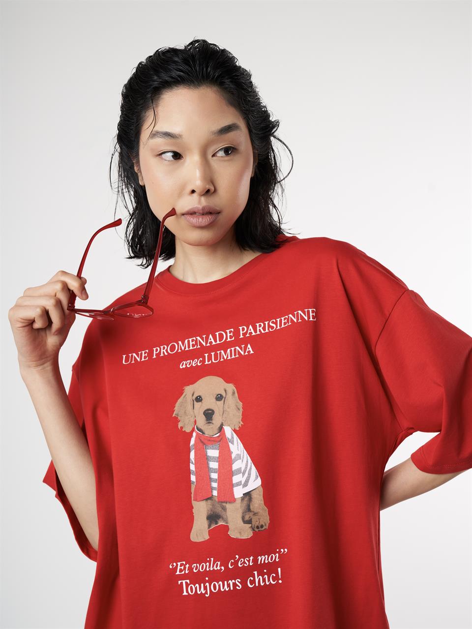 Köpek Baskılı Kısa Kol Oversize T-shirt Kırmızı