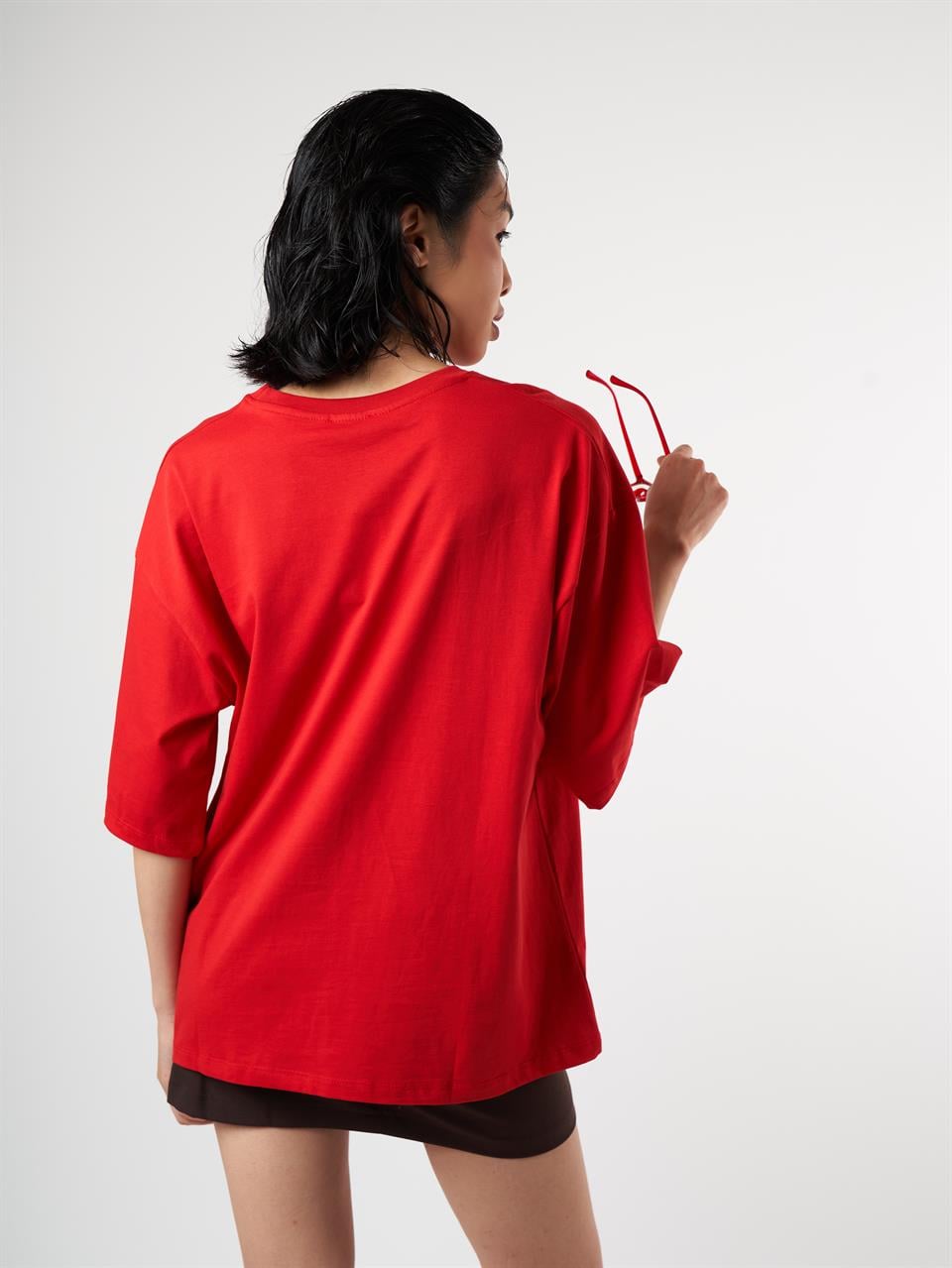 Köpek Baskılı Kısa Kol Oversize T-shirt Kırmızı