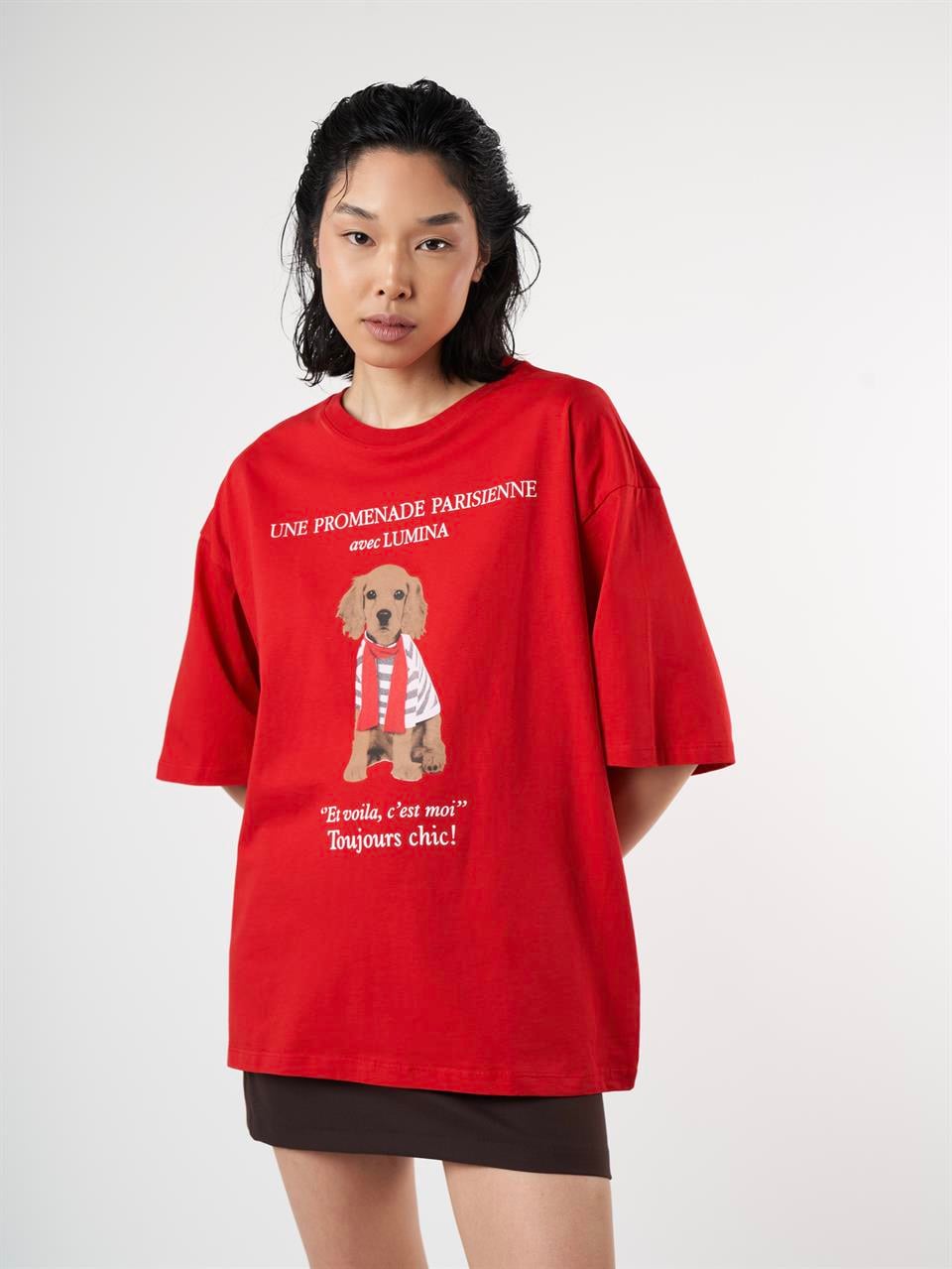 Köpek Baskılı Kısa Kol Oversize T-shirt Kırmızı