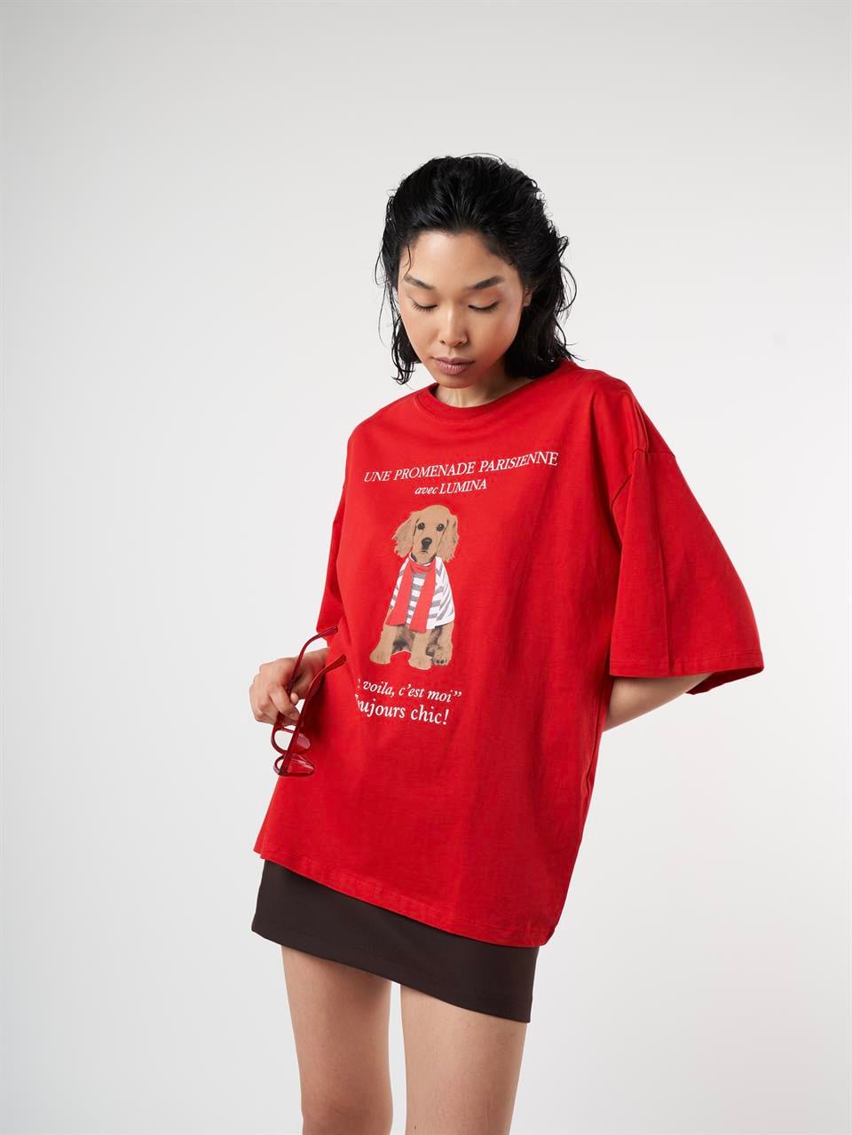 Köpek Baskılı Kısa Kol Oversize T-shirt Kırmızı