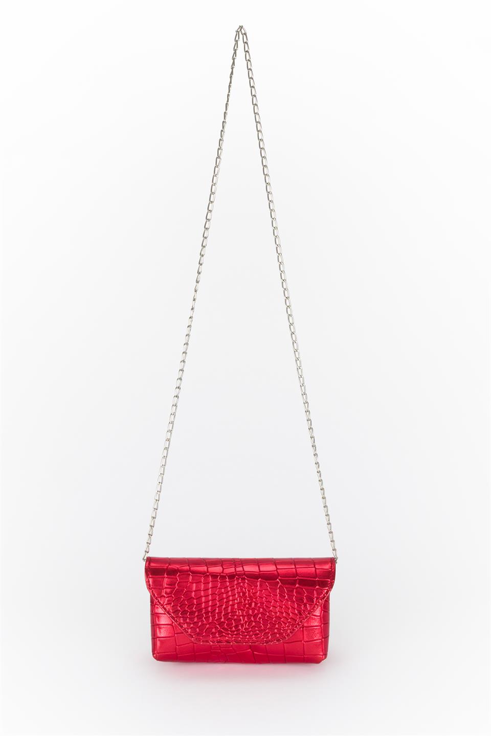 Kroko Desen Zincirli Çapraz Çanta Kırmızı