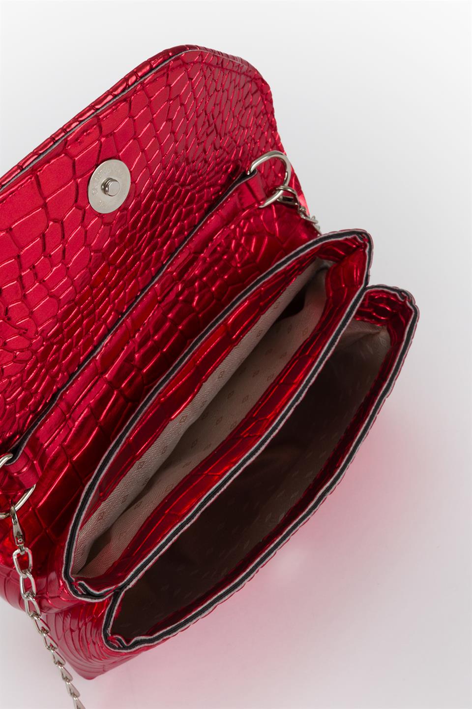 Kroko Desen Zincirli Çapraz Çanta Kırmızı