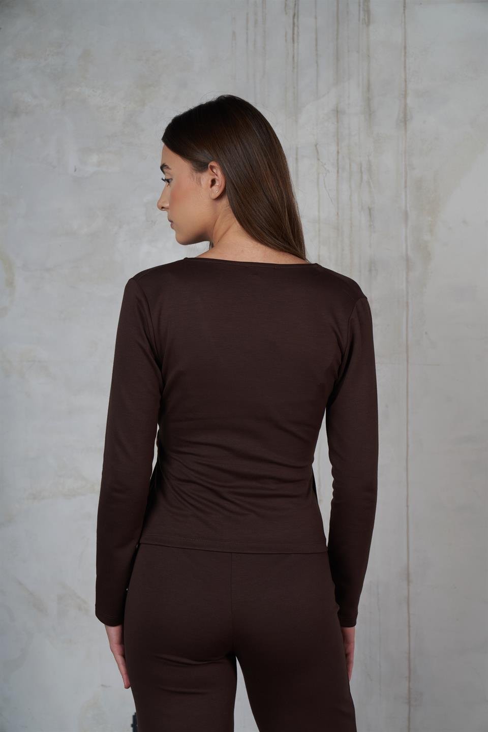 Kruvaze Uzun Kol Modal Bluz Kahve