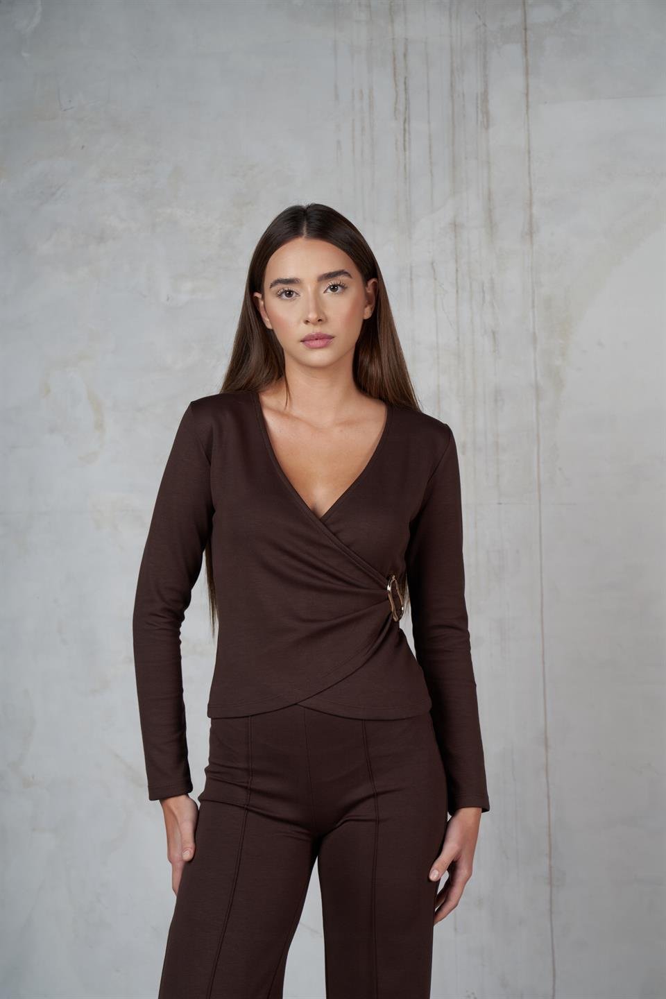 Kruvaze Uzun Kol Modal Bluz Kahve