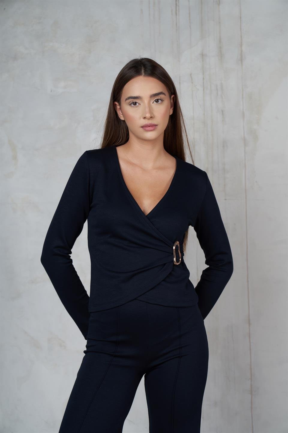 Kruvaze Uzun Kol Modal Bluz Koyu Lacivert