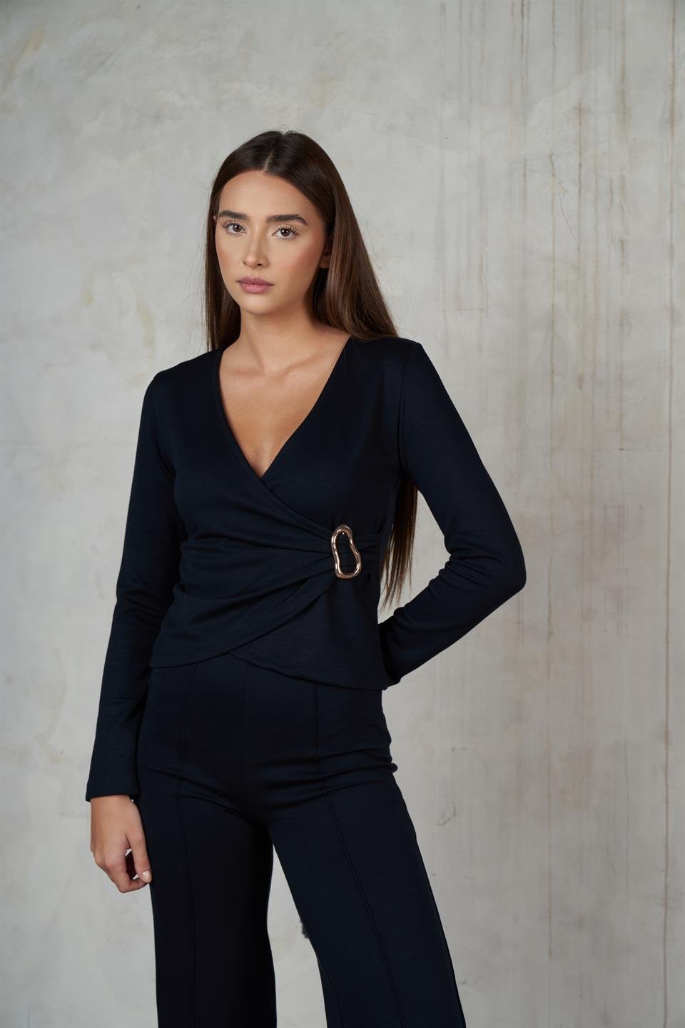 Kruvaze Uzun Kol Modal Bluz Koyu Lacivert