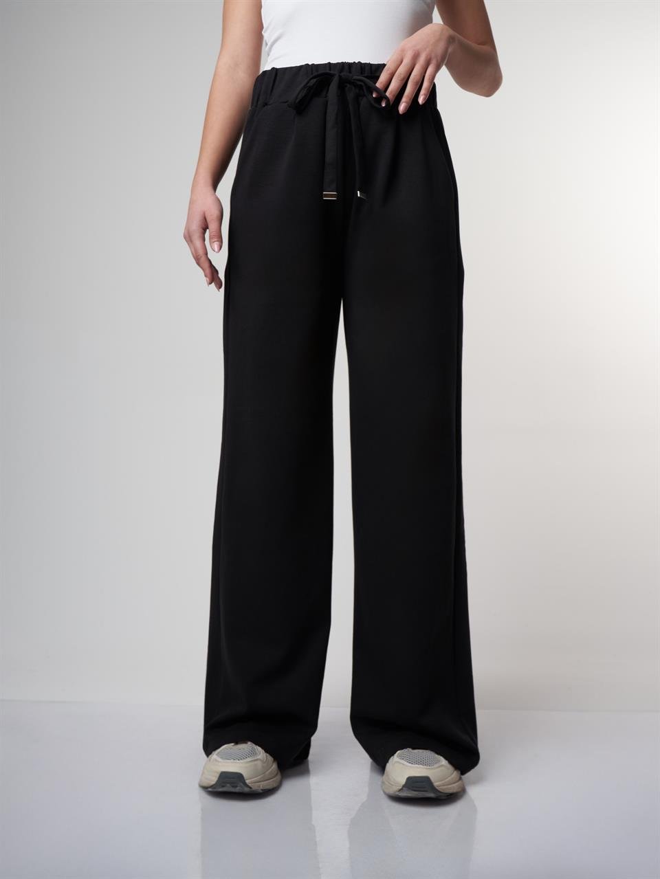 Kuşak Bağlama Bol Paça İnterlok Pantolon Siyah