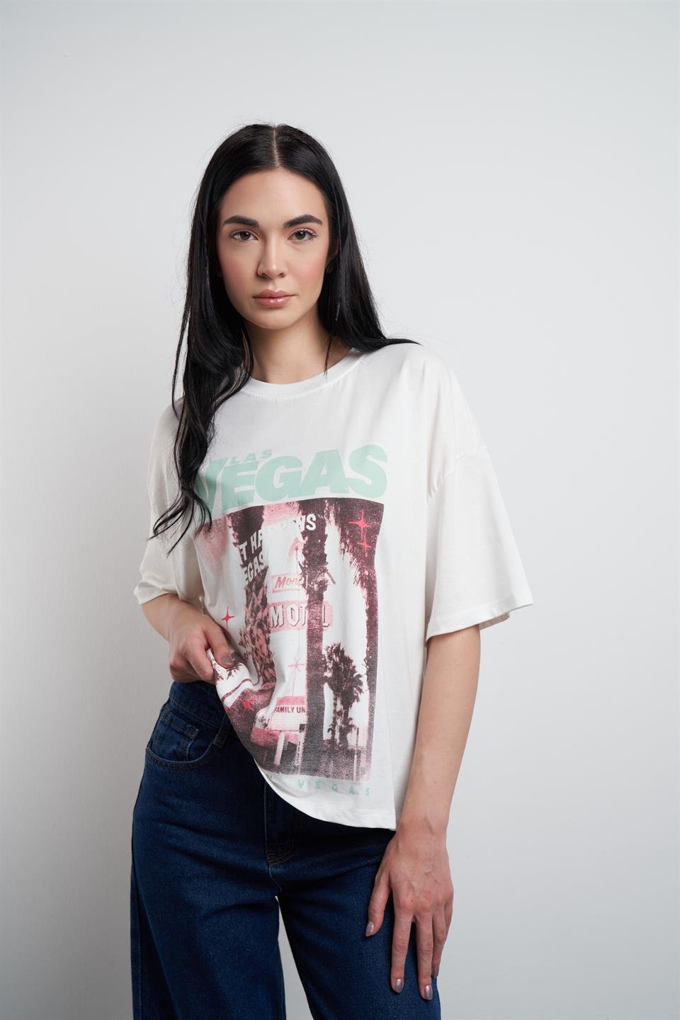 Las Vegas Baskılı Oversize Kısa Kol T-shirt Ekru