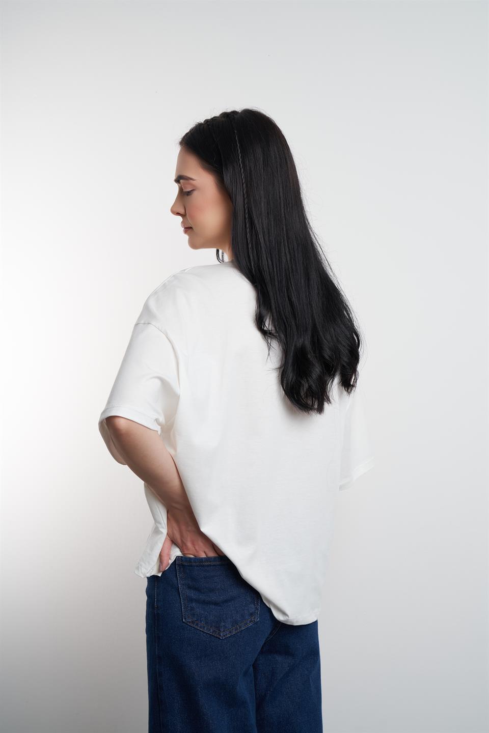 Las Vegas Baskılı Oversize Kısa Kol T-shirt Ekru