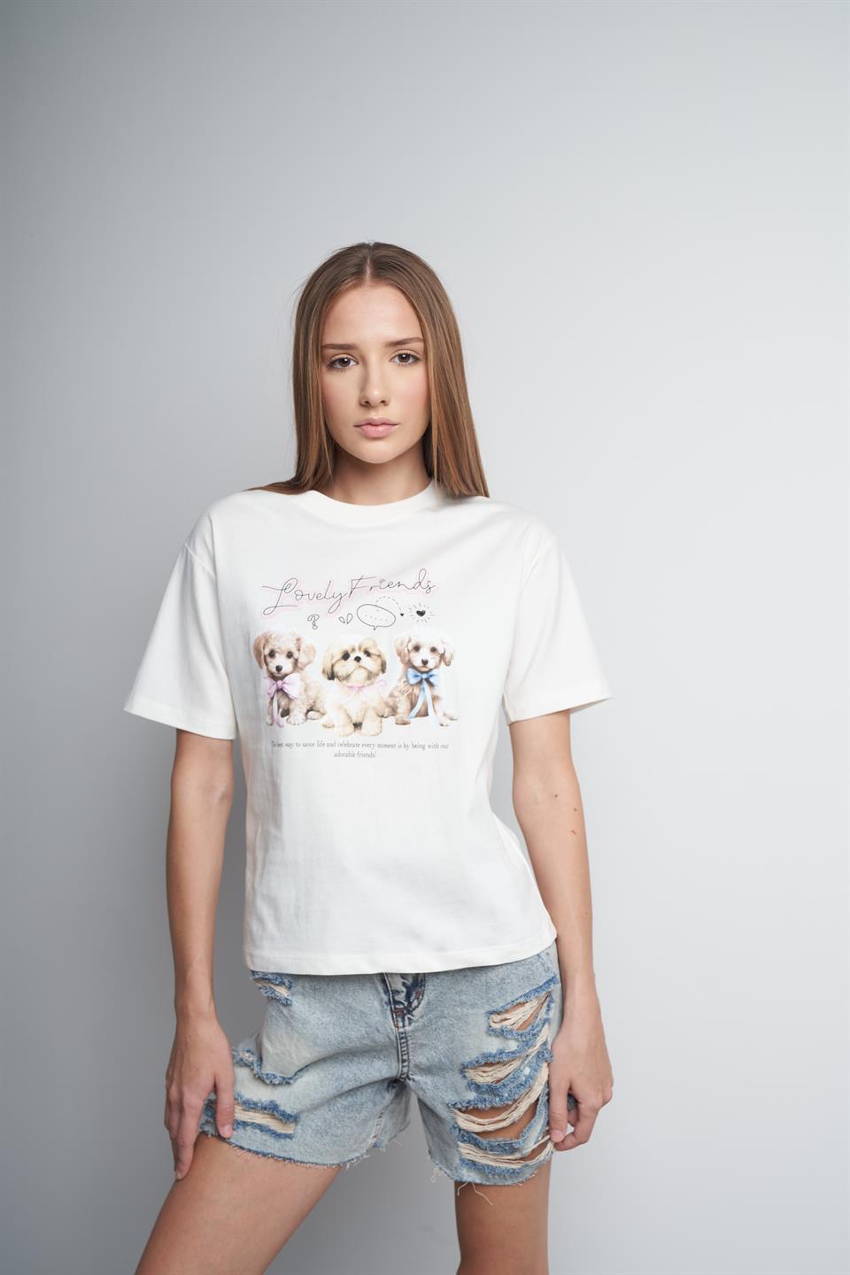 Lovely Friends Baskılı Kısa Kol T-shirt Ekru