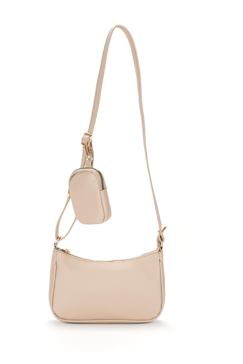 Mini Cüzdanlı Baget Çanta Bej