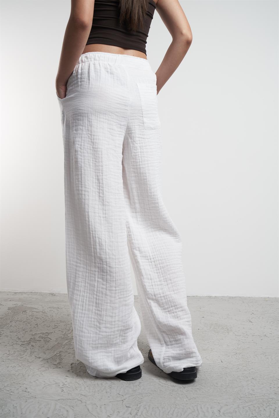 Müslin Bol Paça Pantolon Ekru