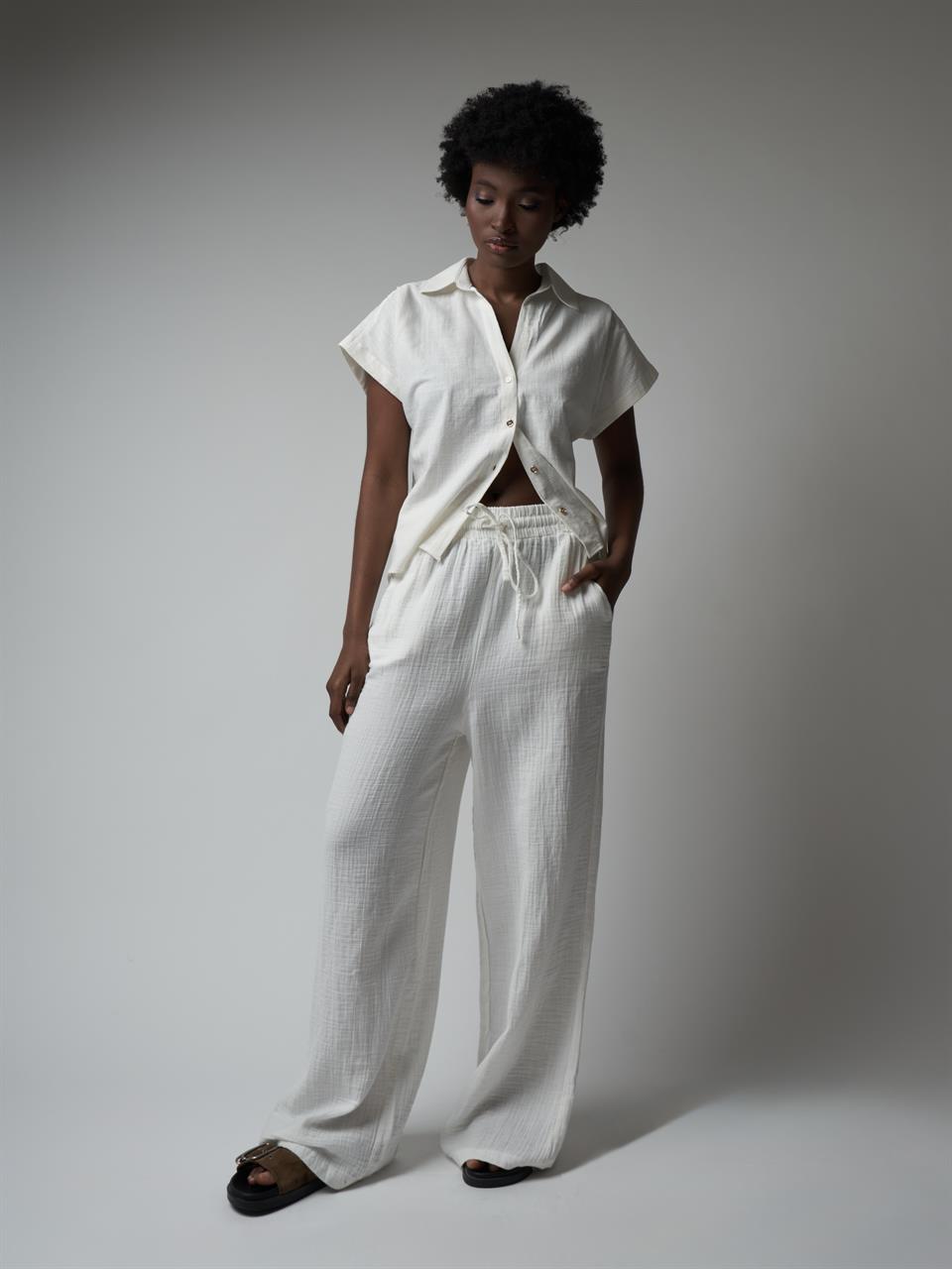 Müslin Bol Paça Pantolon Ekru
