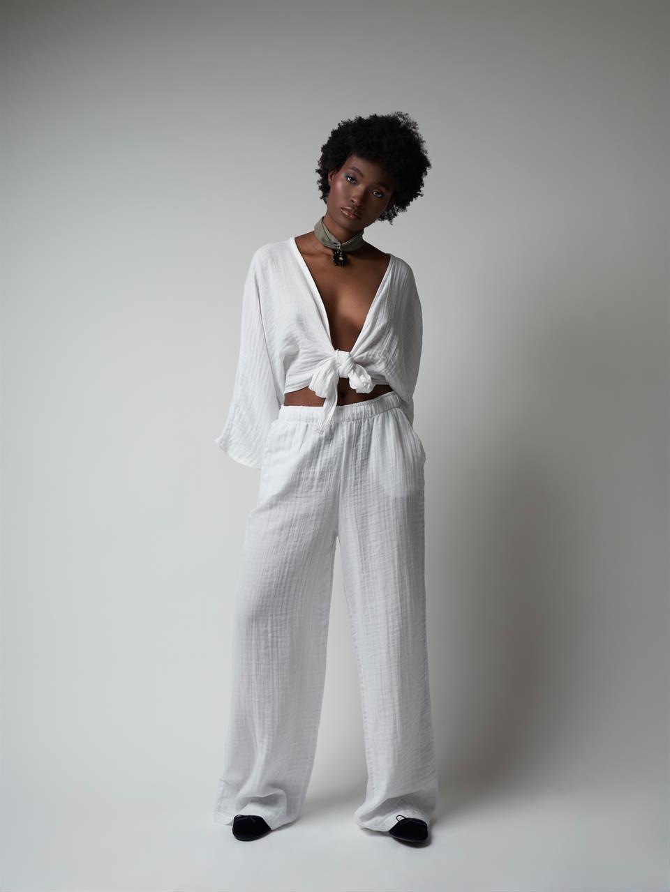 Müslin Bol Paça Pantolon Ekru