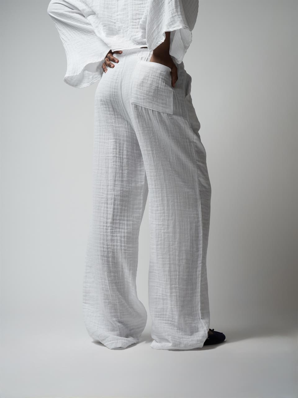 Müslin Bol Paça Pantolon Ekru