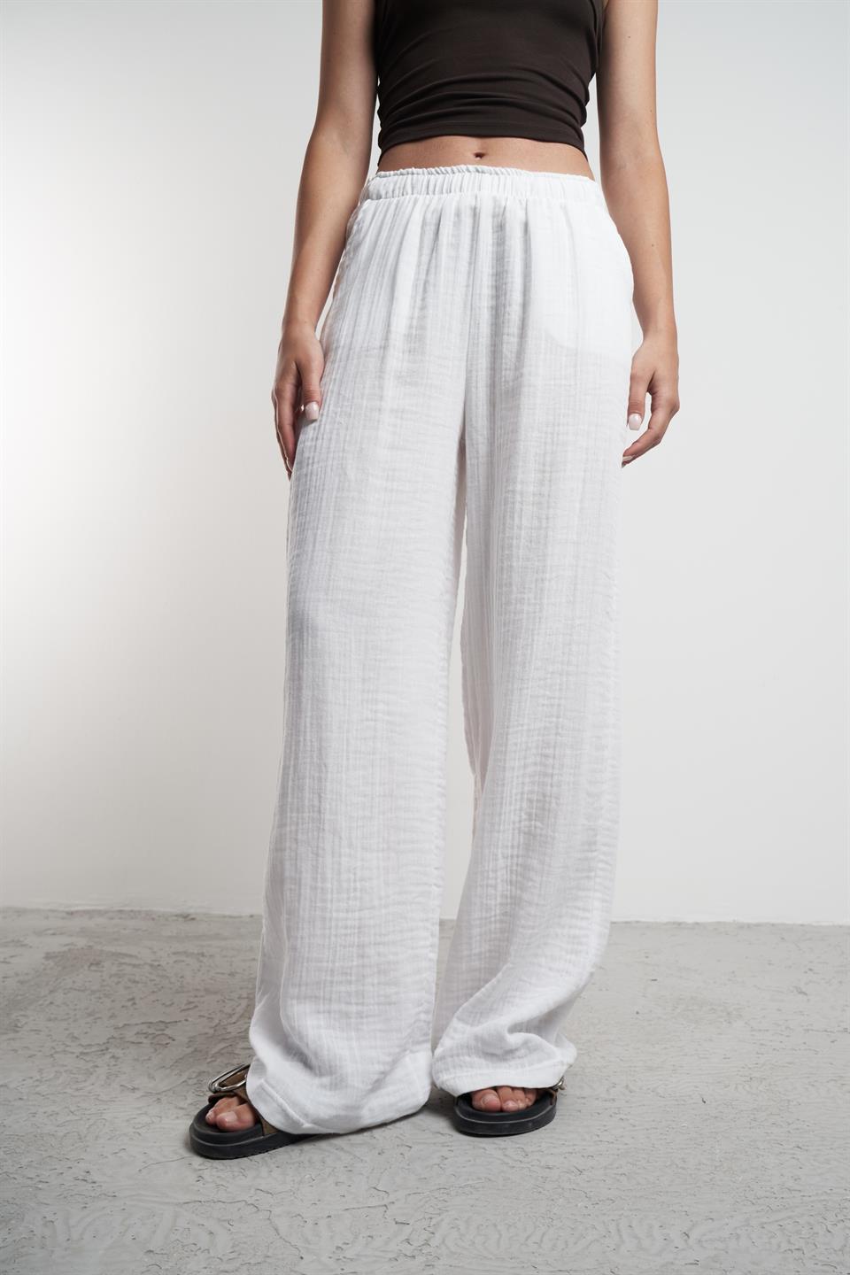 Müslin Bol Paça Pantolon Ekru
