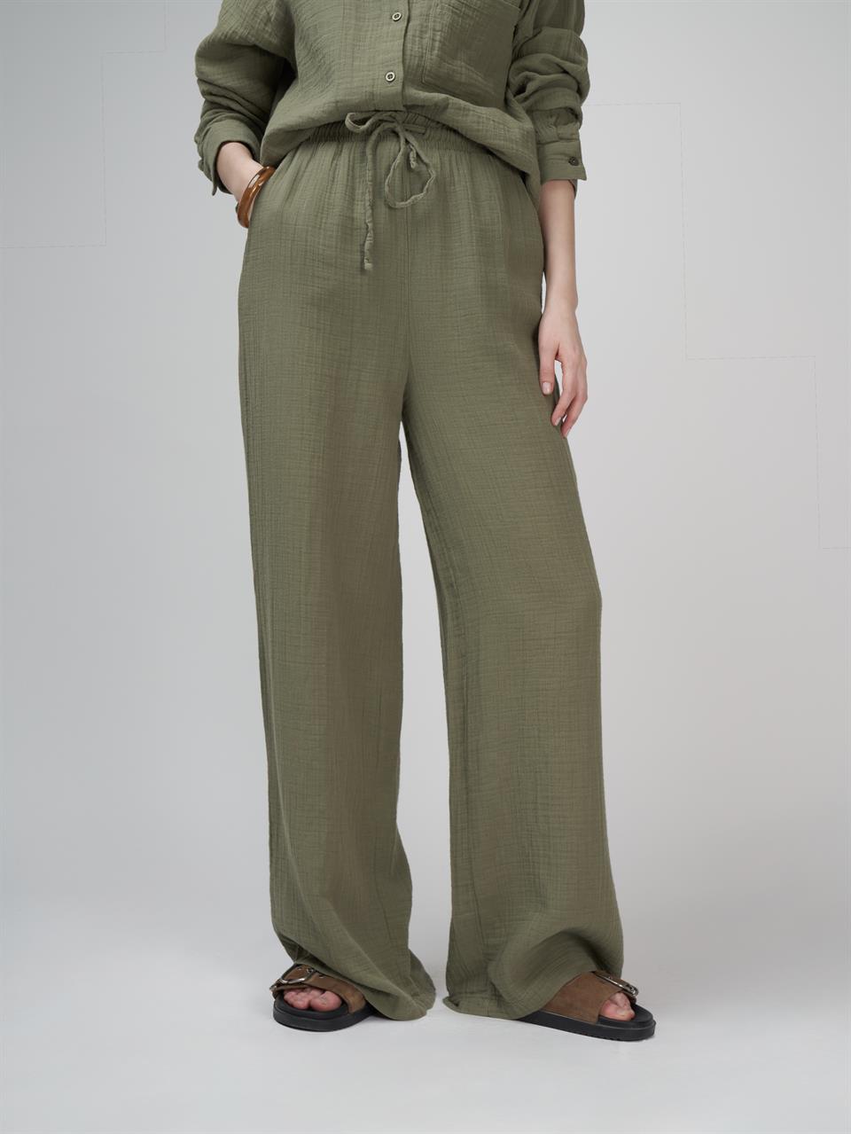 Müslin Bol Paça Pantolon Haki