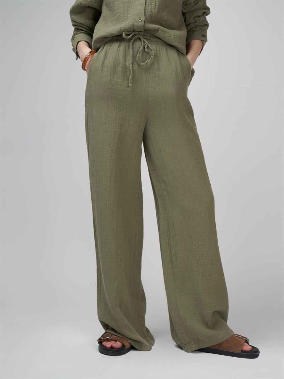 Müslin Bol Paça Pantolon Haki