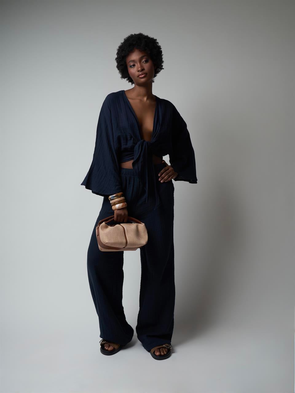 Müslin Bol Paça Pantolon Lacivert