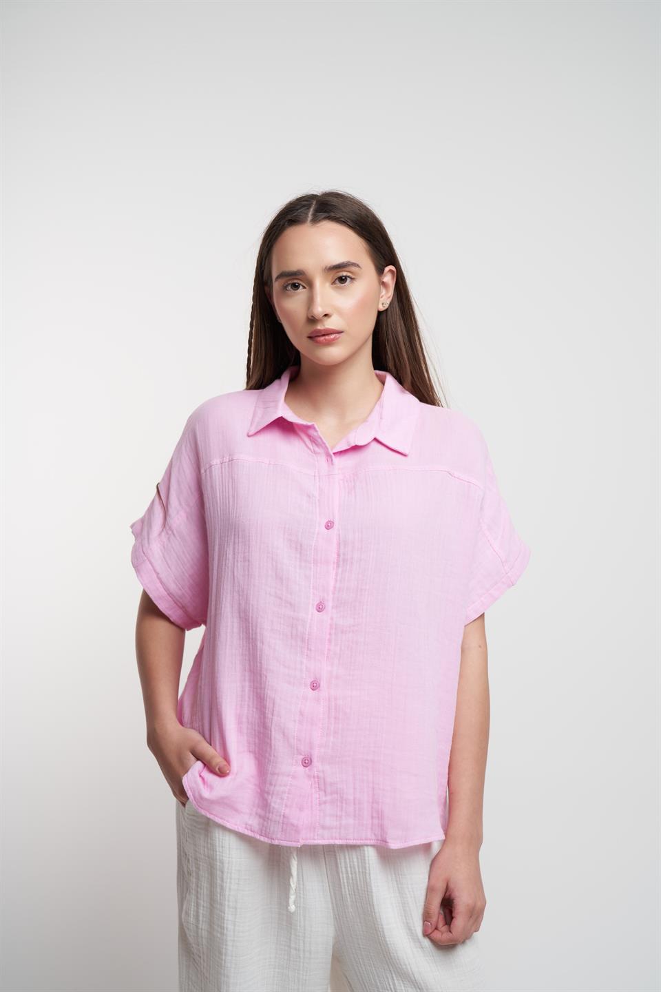 Müslin Kısa Kol Gömlek Pembe