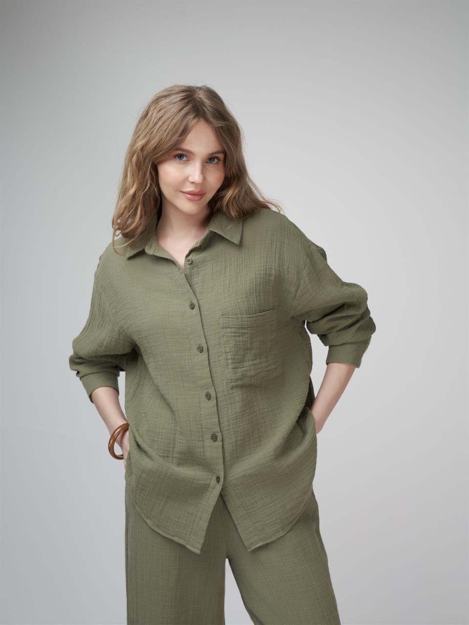 Müslin Uzun Kol Gömlek Haki