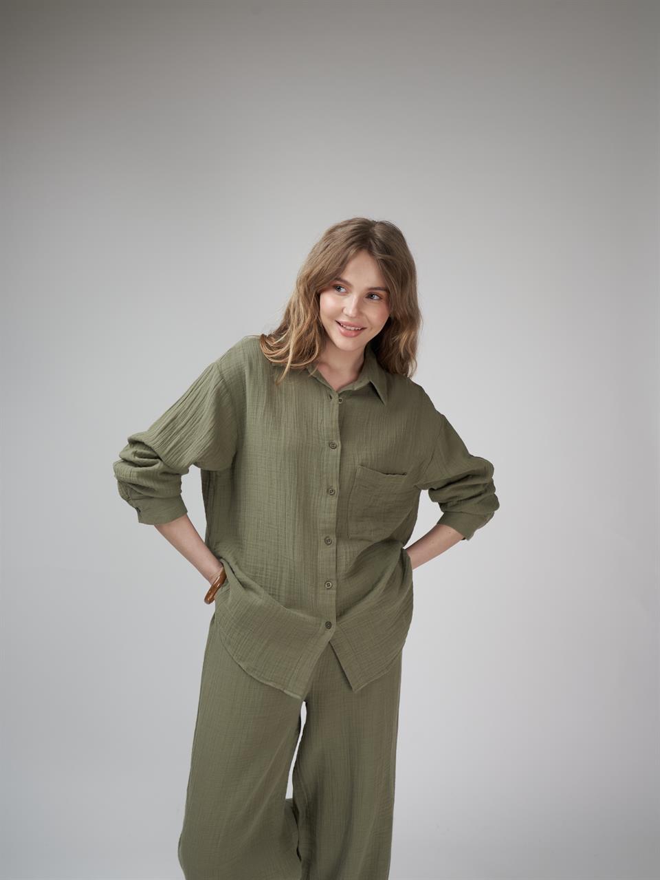 Müslin Uzun Kol Gömlek Haki