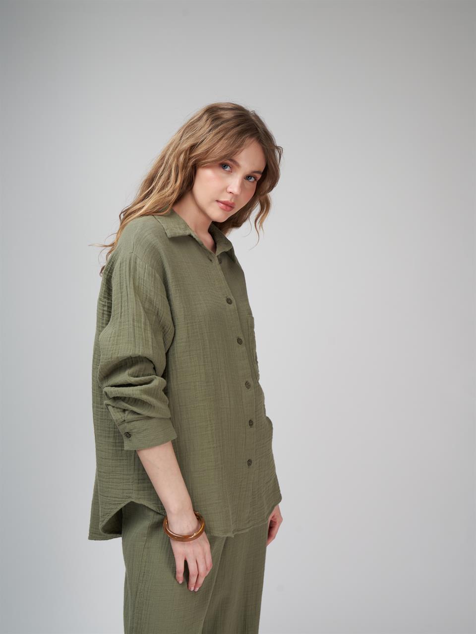 Müslin Uzun Kol Gömlek Haki