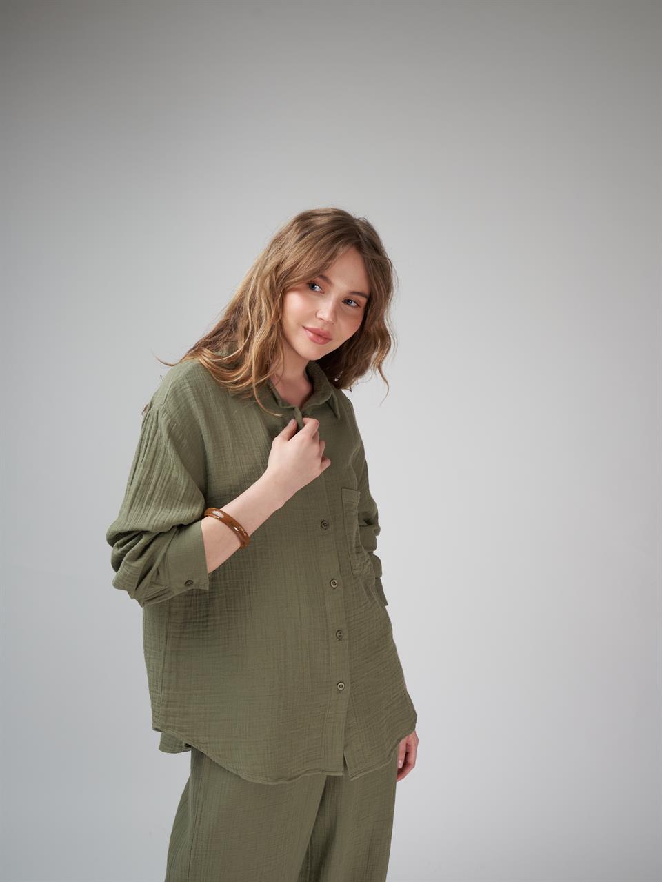 Müslin Uzun Kol Gömlek Haki