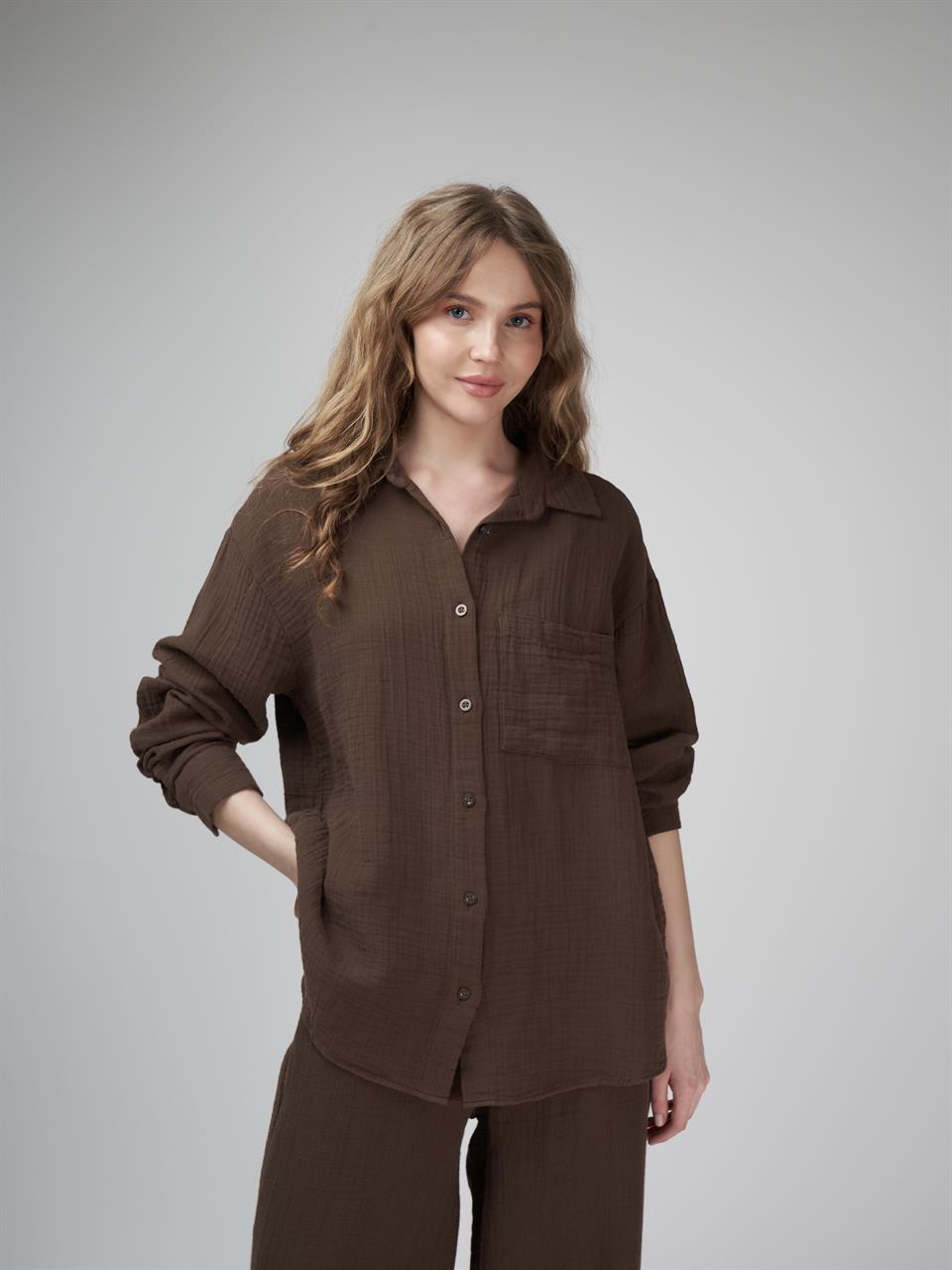 Müslin Uzun Kol Gömlek Kahve