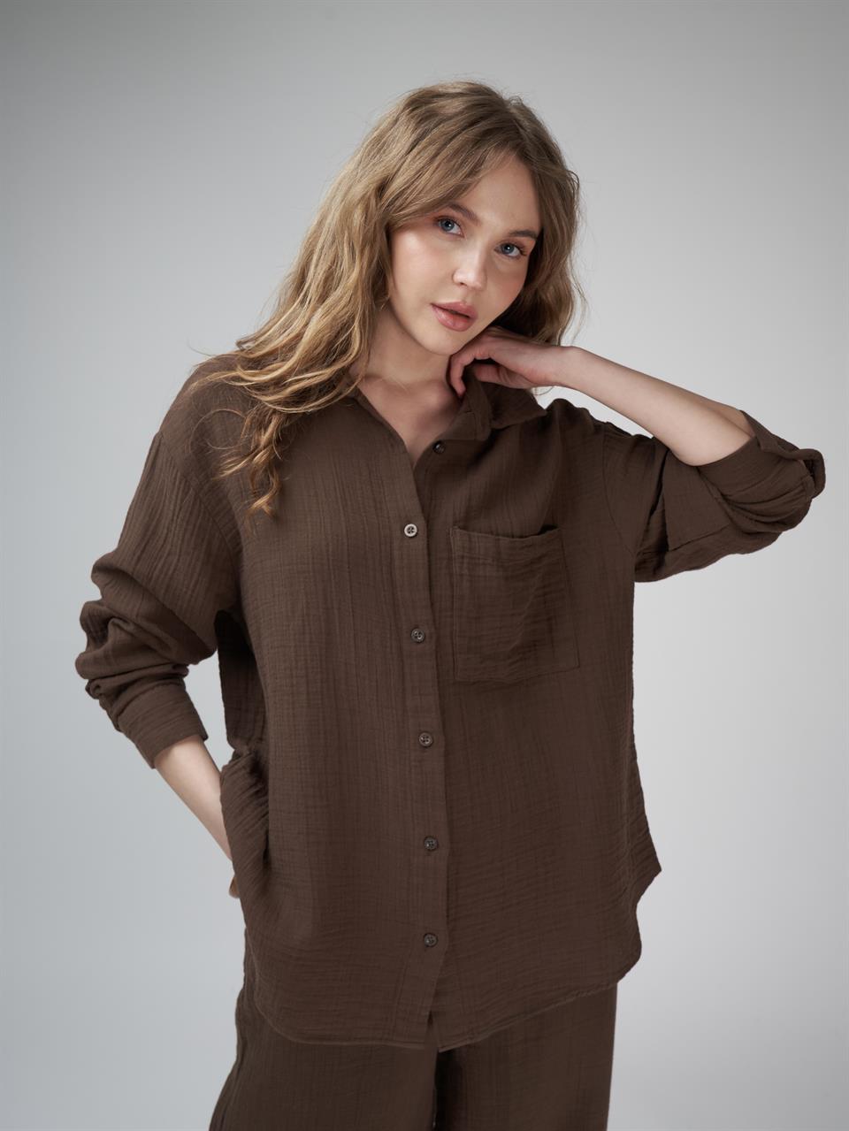 Müslin Uzun Kol Gömlek Kahve