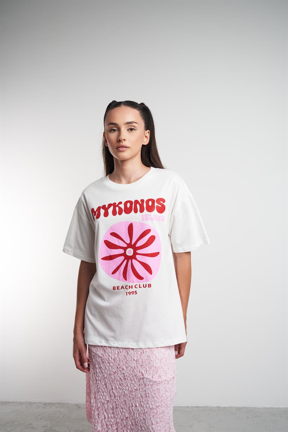 Mykonos Baskılı Kısa Kol T-shirt Ekru