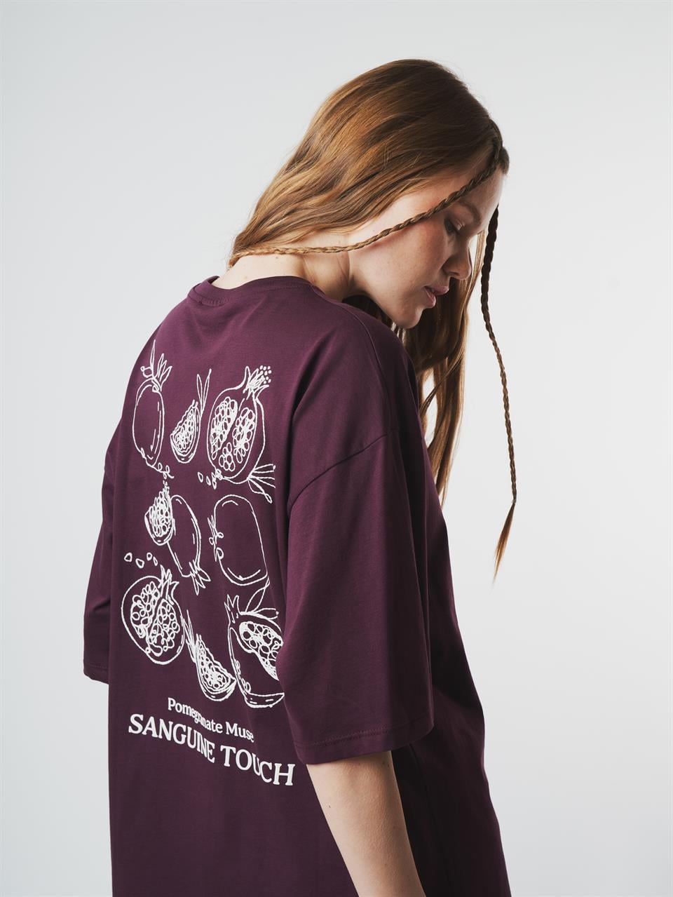 Nar Baskılı Kısa Kol Oversize T-shirt Mürdüm