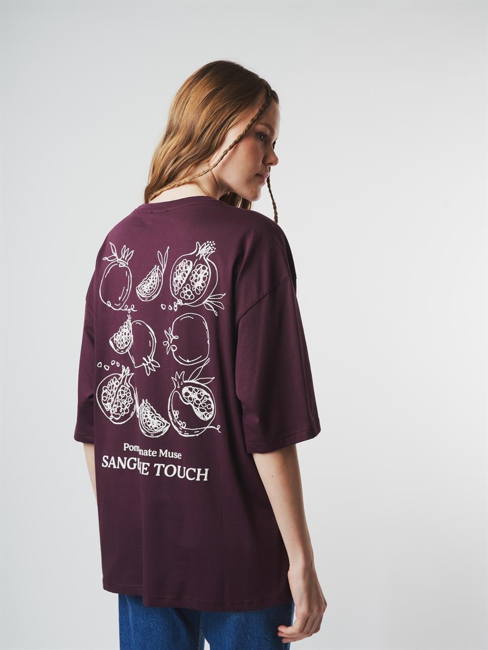 Nar Baskılı Kısa Kol Oversize T-shirt Mürdüm