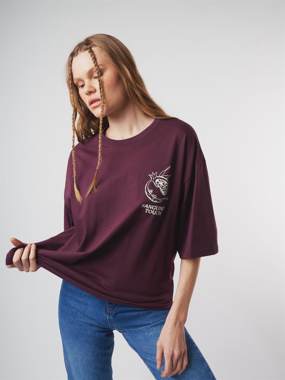 Nar Baskılı Kısa Kol Oversize T-shirt Mürdüm