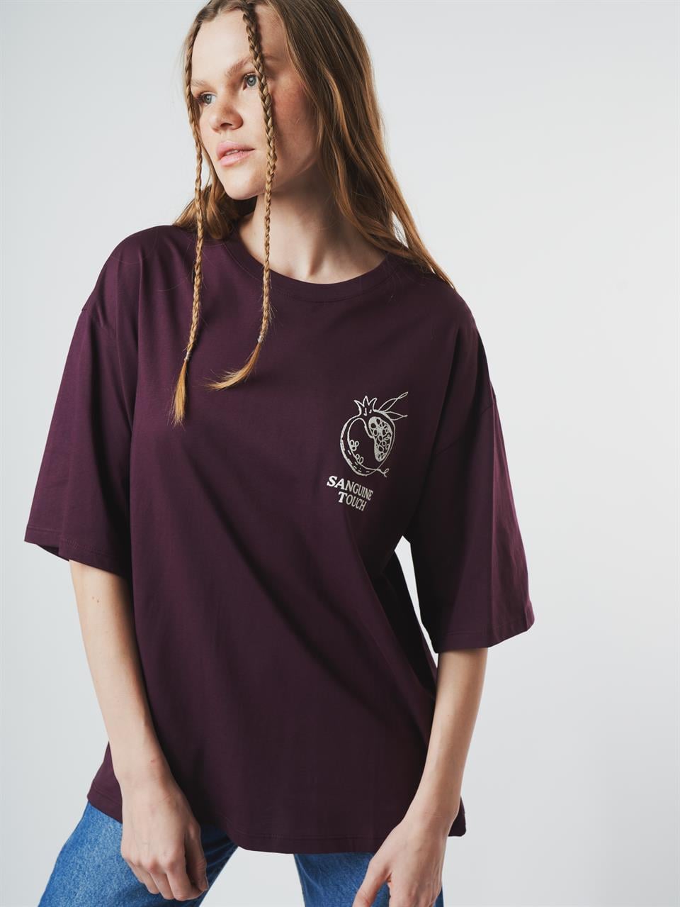 Nar Baskılı Kısa Kol Oversize T-shirt Mürdüm