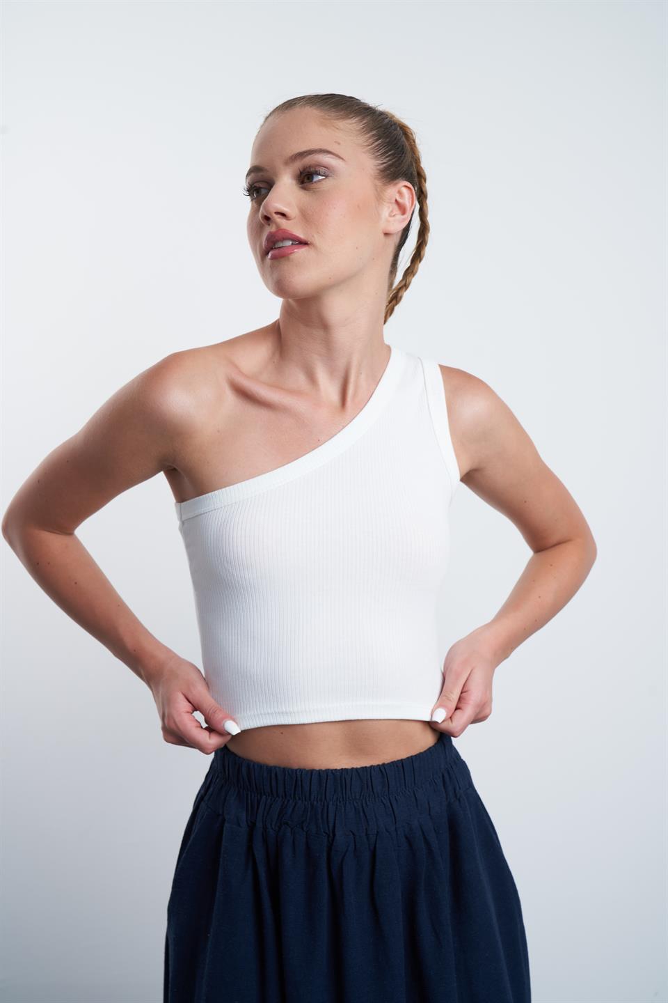 Omuz Detaylı Kaskorse Crop Ekru