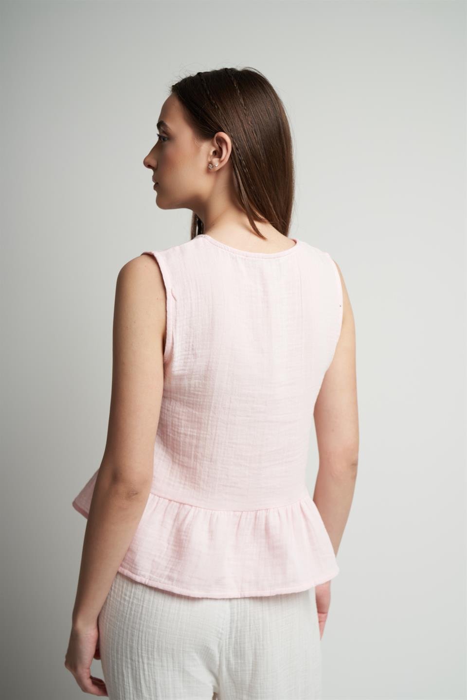 Ön Bağlama Detaylı Sıfır Kol Bluz Pembe