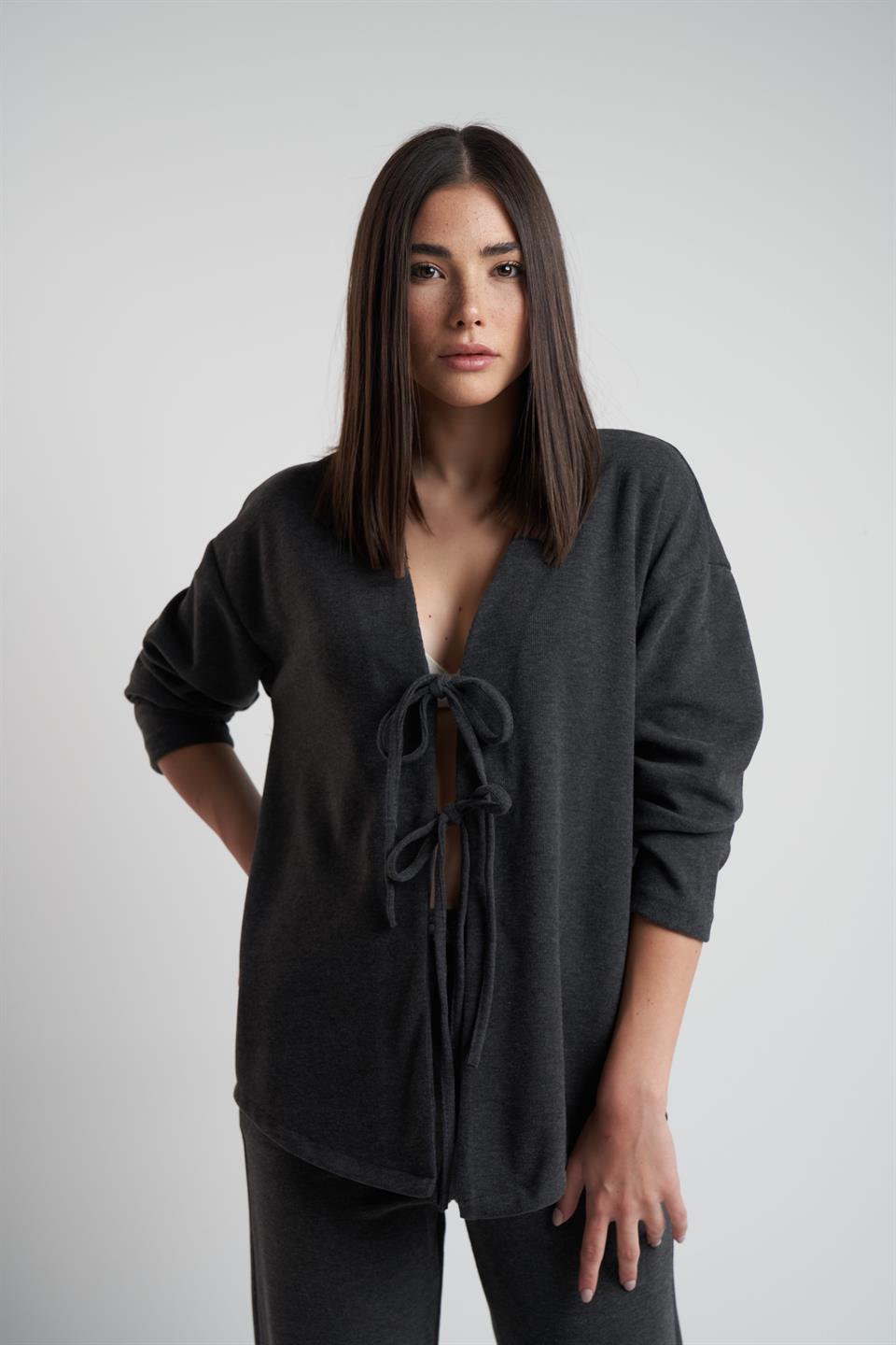 Ön Bağlama Detaylı Triko Hırka Antrasit