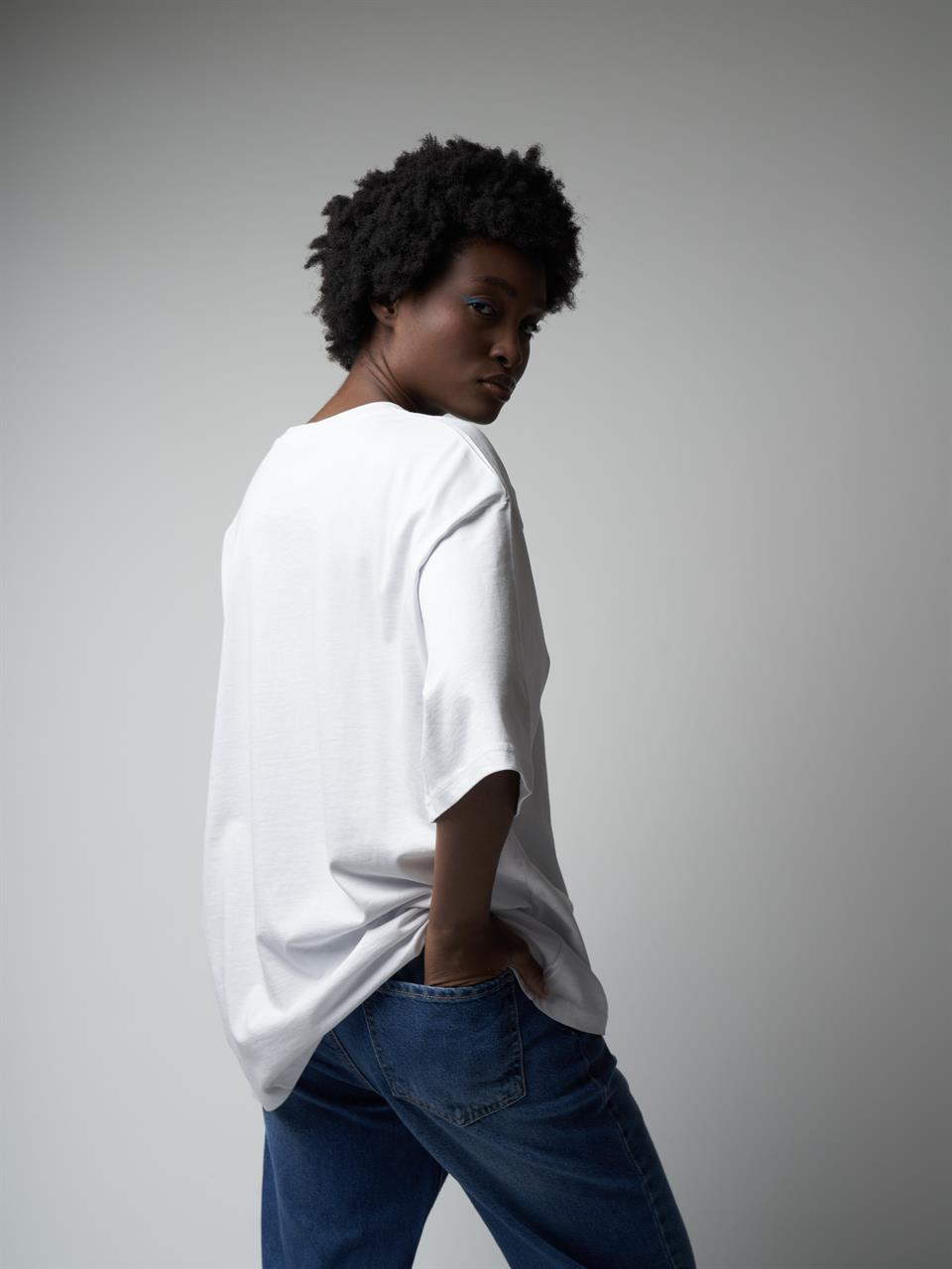 Baskılı Oversize Kısa Kol T-shirt Beyaz