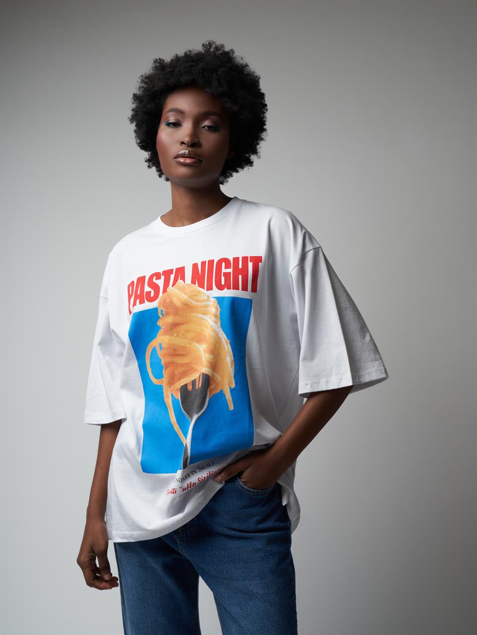 Baskılı Oversize Kısa Kol T-shirt Beyaz