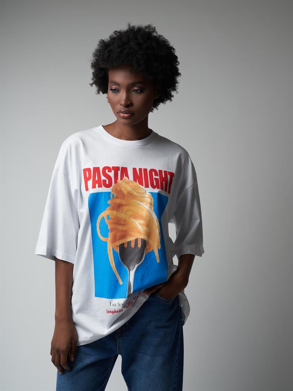 Baskılı Oversize Kısa Kol T-shirt Beyaz