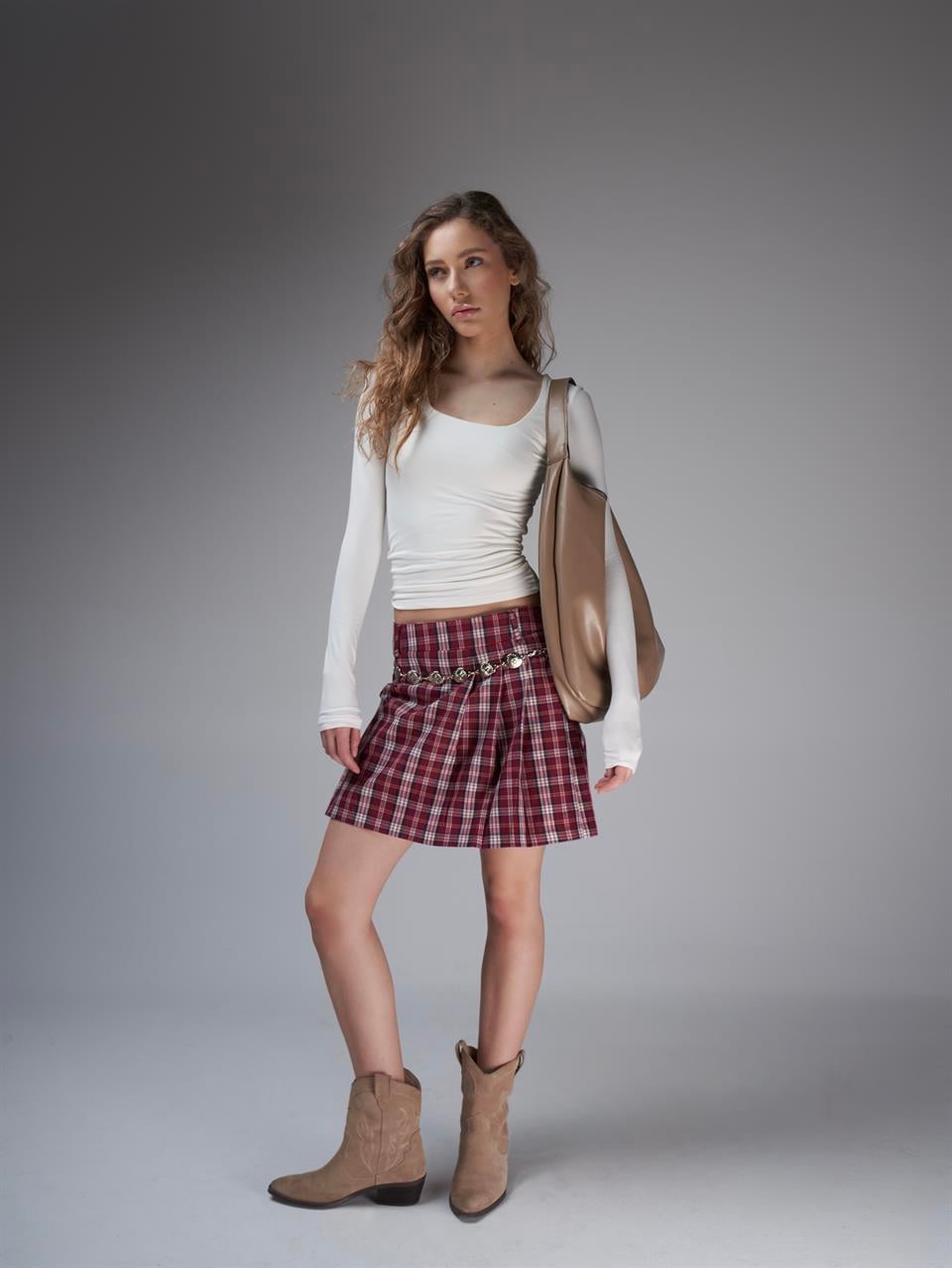 Pile Detaylı Şort Etek Bordo