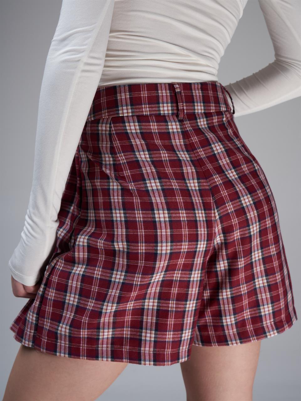 Pile Detaylı Şort Etek Bordo